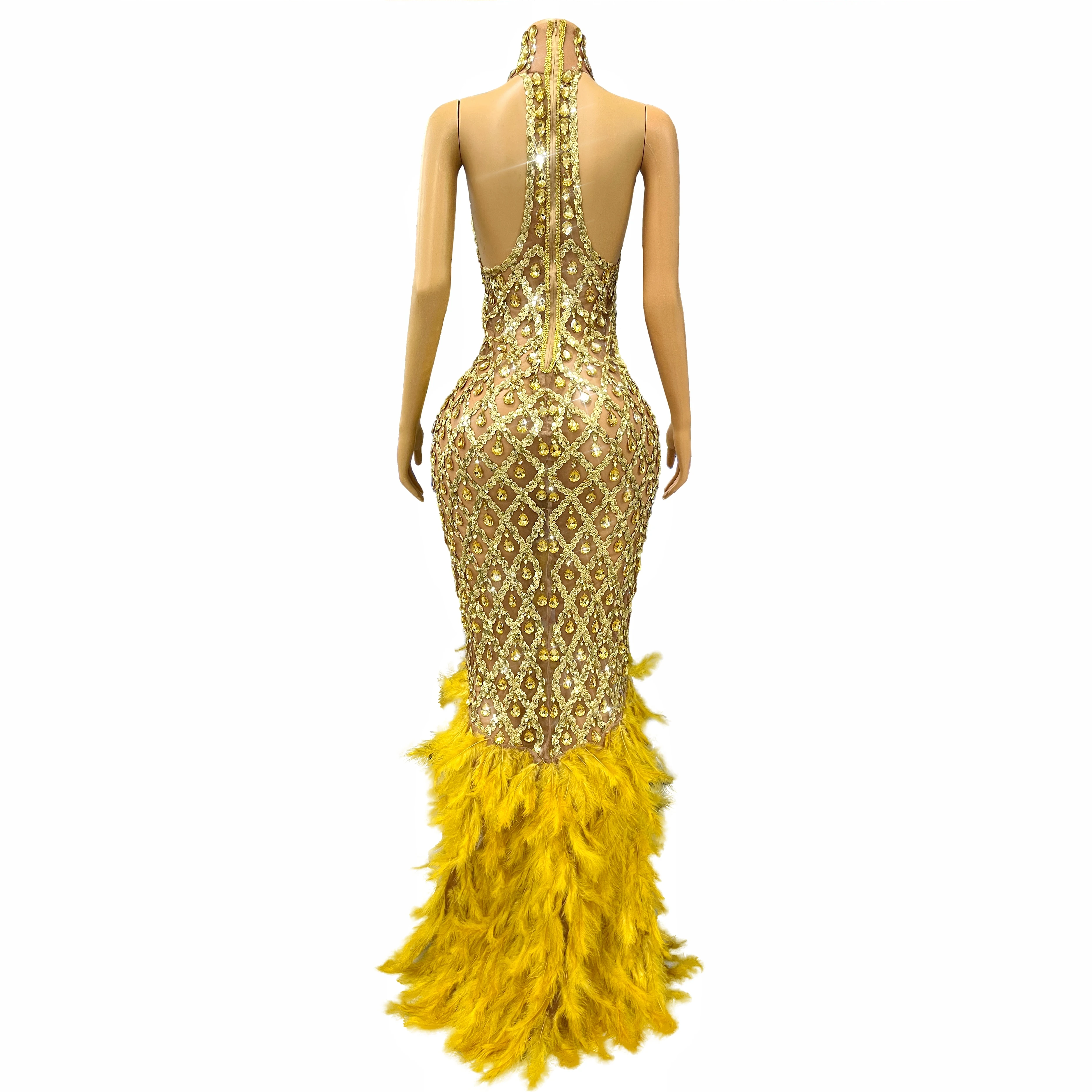 Hoogwaardige glanzende gouden strass verenjurk zoom sexy naakt mesh avondjurk rode loper modeshow jurk shaokao