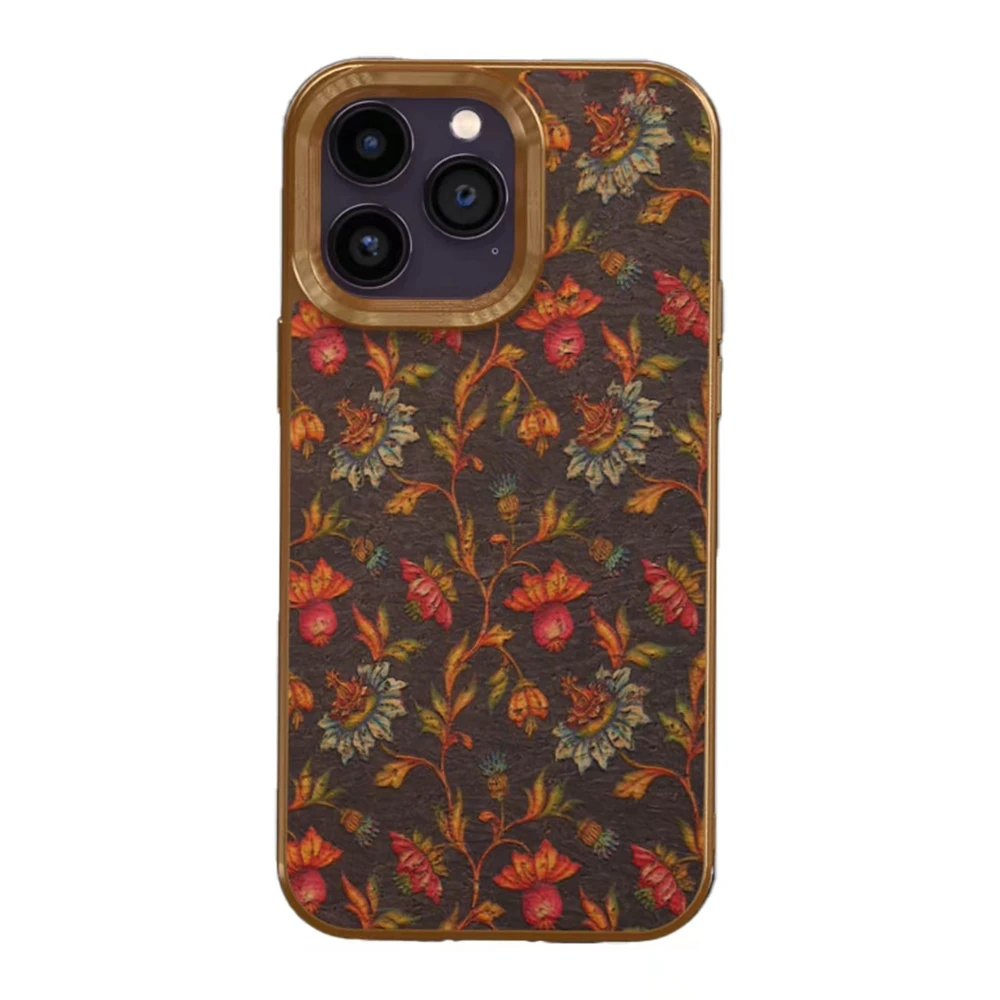 Cowhide Leather Case For iPhone 15 Pro Max 14 Pro Plus 13 12 Electroplate Lens Protection European Style Flowers Soft Phone Case
