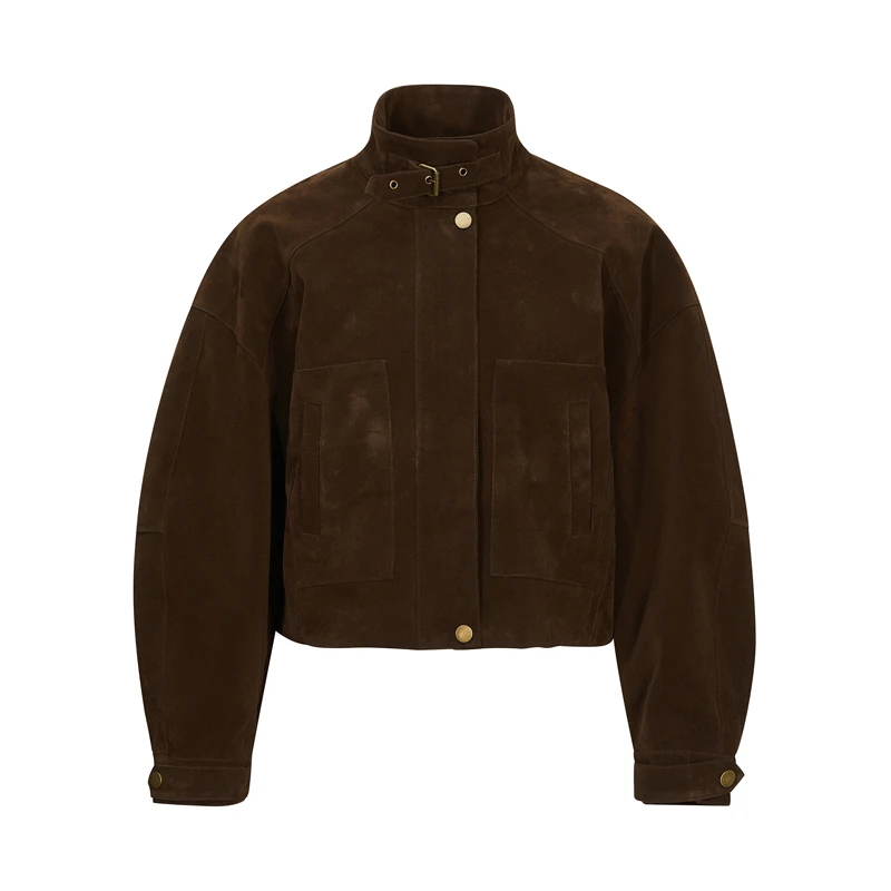 Brown Black Faux Suede Jacket Men Women Vintage Stand Collar Buckle Front Snap Button Casual Loose Fit Bomber Coat Outerwear