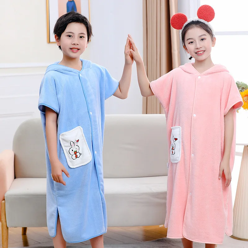 Pure Coral Fleece Kids Sleepwear Robes Soft Baby Bathrobe Cute Cartoon Rabbit Boys Girl Blanket Kids Hooded Bathrobes Bath Towel