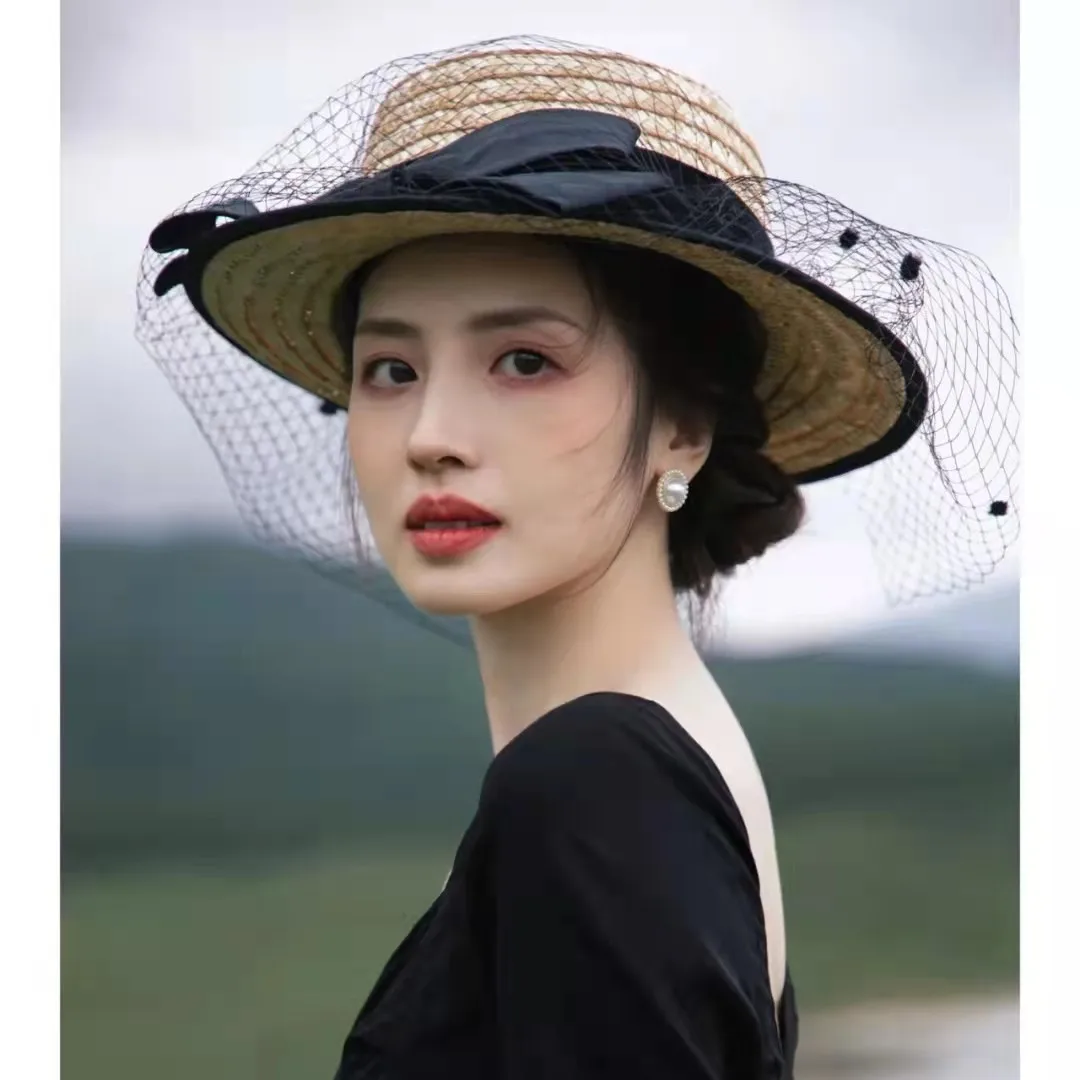 Mesh Flat Top Straw Hat Bow Retro Elegant Fresh Hepburn Ladies Hat Beach Leisure Party Show Wedding Fashion Clothing Sun Hat