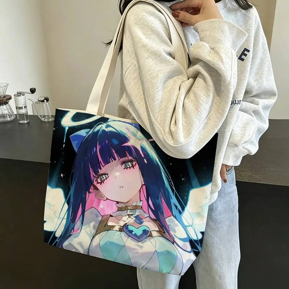 Cute S-Stocking Anime Large Capacity Cotton Polyester Shoulder Tote Bag Zipper Handbag for Shopping Daily