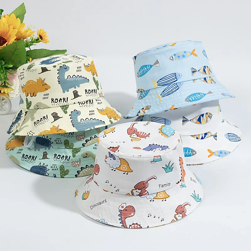 Cute Cartoon Printing Bucket Baby Hat Cotton Breathable Kids Fisherman Hat Infant Toddle Sun Hat with Drawstring for 1-5 Years