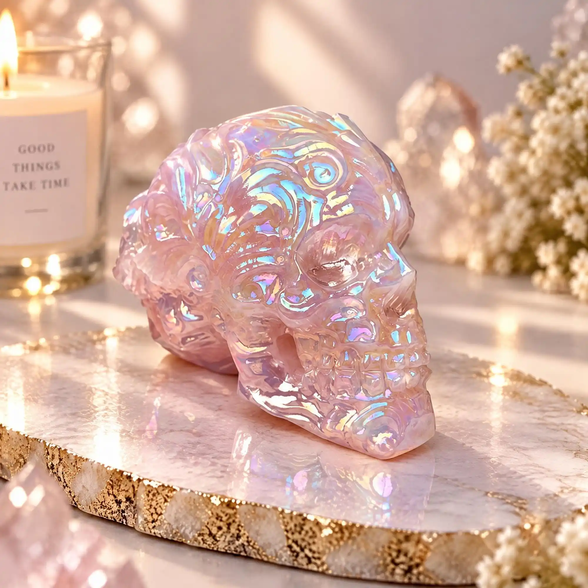 Angel Aura Treated Rose Quartz Skull Hand Carved Iridescent Crystal Skeleton Sculpture Gothic Home Decor Altar Display Gift
