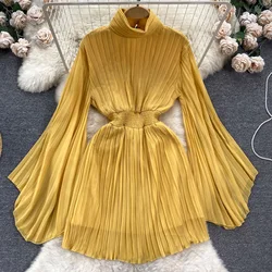 Retro Pleated  Elegant turtleneck Chiffon Dress A-line flare Long Sleeve  Casual  High Waist Dress Women Summer