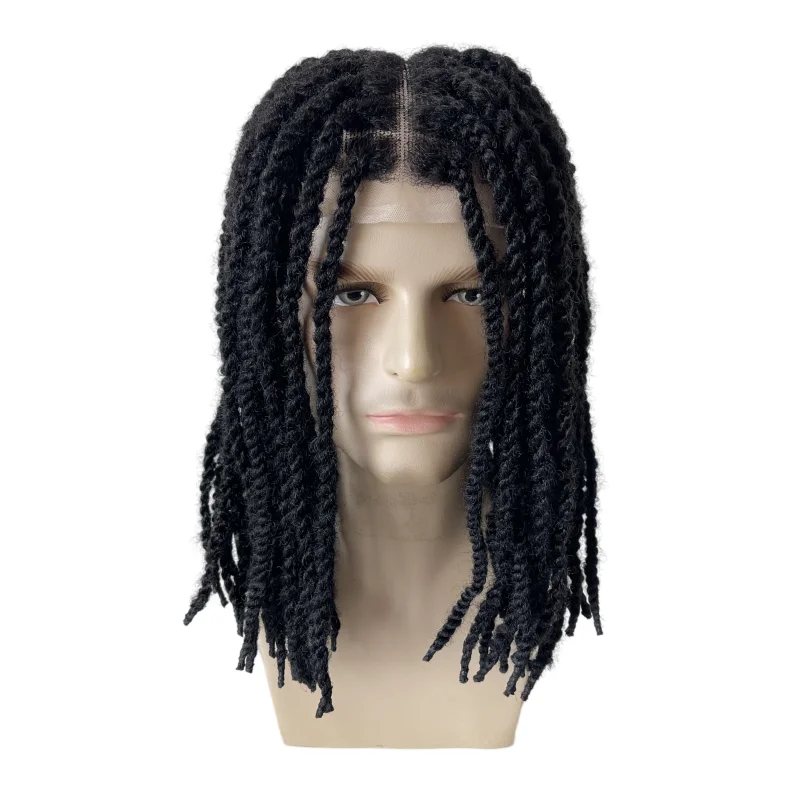 Penggantian Rambut Manusia Perawan Peru # 1 Warna Hitam Jet 12 inci Kepang Putar Afro Unit Renda Penuh Rambut Palsu untuk Pria Kulit Hitam