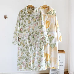 Coral Velvet Robe Women's Autumn And Winter Flower Printed Dress Flannel Bathrobe Female Thicken Warm Sleepwear Shower Robes