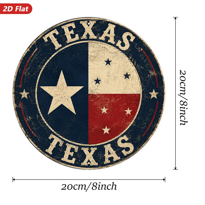 2D Flat, 1pc Texas Lone Star Round Metal Sign Wall Art, Texas Lettering, Circular State Design, Navy Cream Red Palette, Home Dec