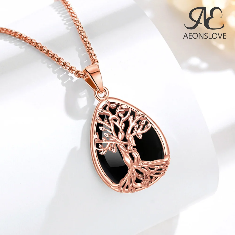 

AEONSLOVE Tree of Life Necklace Yggdrasil Water Drop Obsidian Pendant Energy Healing Jewelry Spiritual Gifts for Girlfriend
