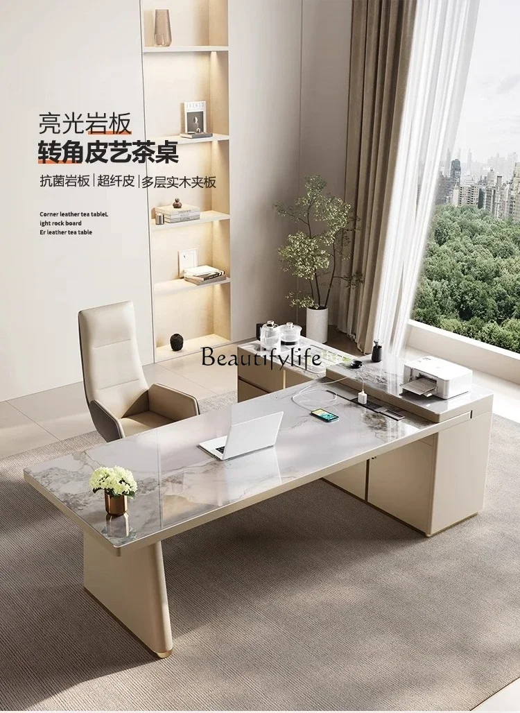 FG*Desk light luxury high-end sense L-shaped rock slab computer desk with tea table integrated