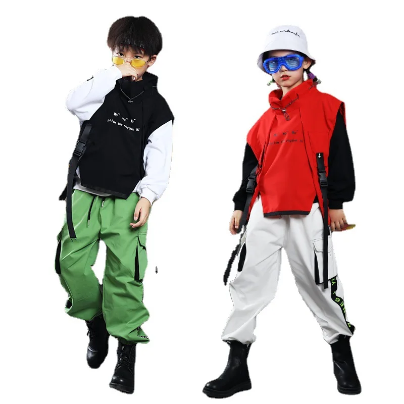 Boys Hip Hop Vest Sweatshirt Cargo Pants Girls Street Dance Clothes Sets Child Jazz Joggers Kids Streetwear Performance Costumes