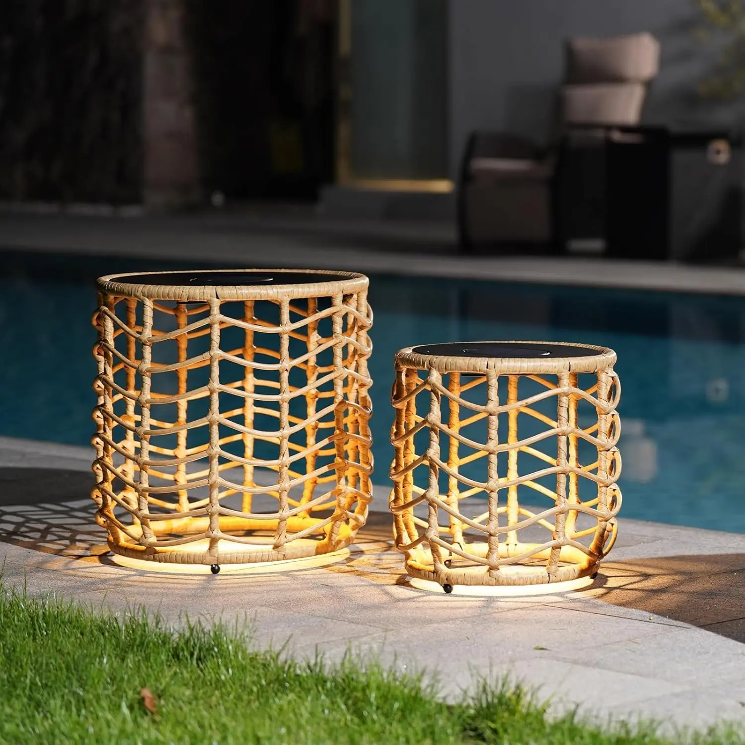 Outdoor Patio, Porch, Garden Side Tables - Weather-Resistant Wicker, Natural Color, Built-in Lights, Stylish Design