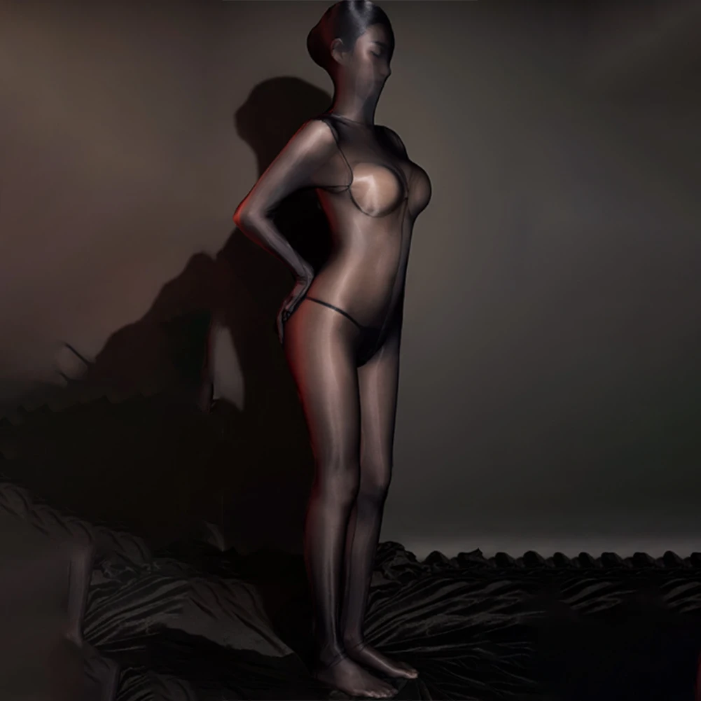 

Female Jumpsuit Bodystocking Home Party Elastic Bodysuit Oil Sheer See Though Shiny Glossy Transparent Full Womens
