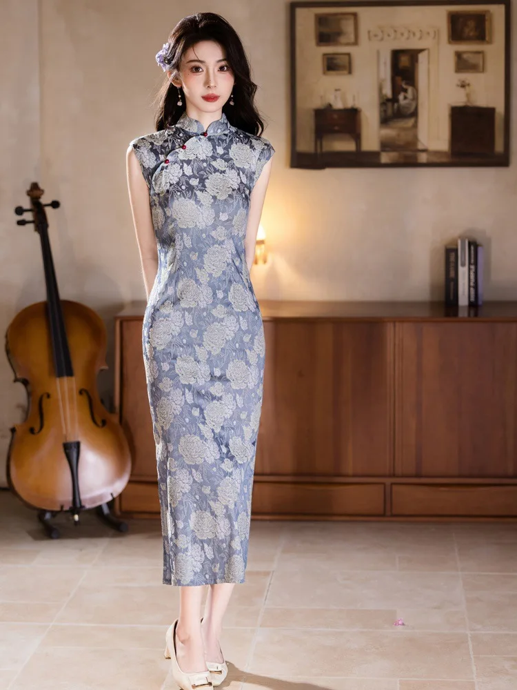 

Летнее улучшенное Hu синее платье без рукавов Cheongsam, новое китайское платье для похудения в стиле ретро для женщин, платье Ципао