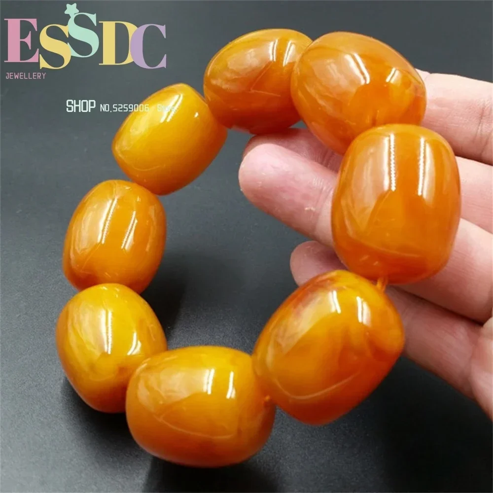 20mm Yellow Beeswax Old Honey Wax Amber Bracelet Round /Barrel Bead Row for Men Hand Bangle Suitable for 15-25cm Free