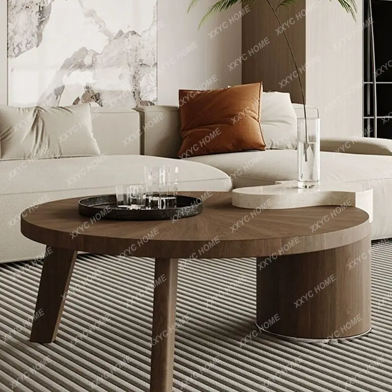 

Круглый кофейный столик из орехового дерева, модный, в стиле лёгкой роскоши, для гостиной, для небольшой квартиры, комбинированный.