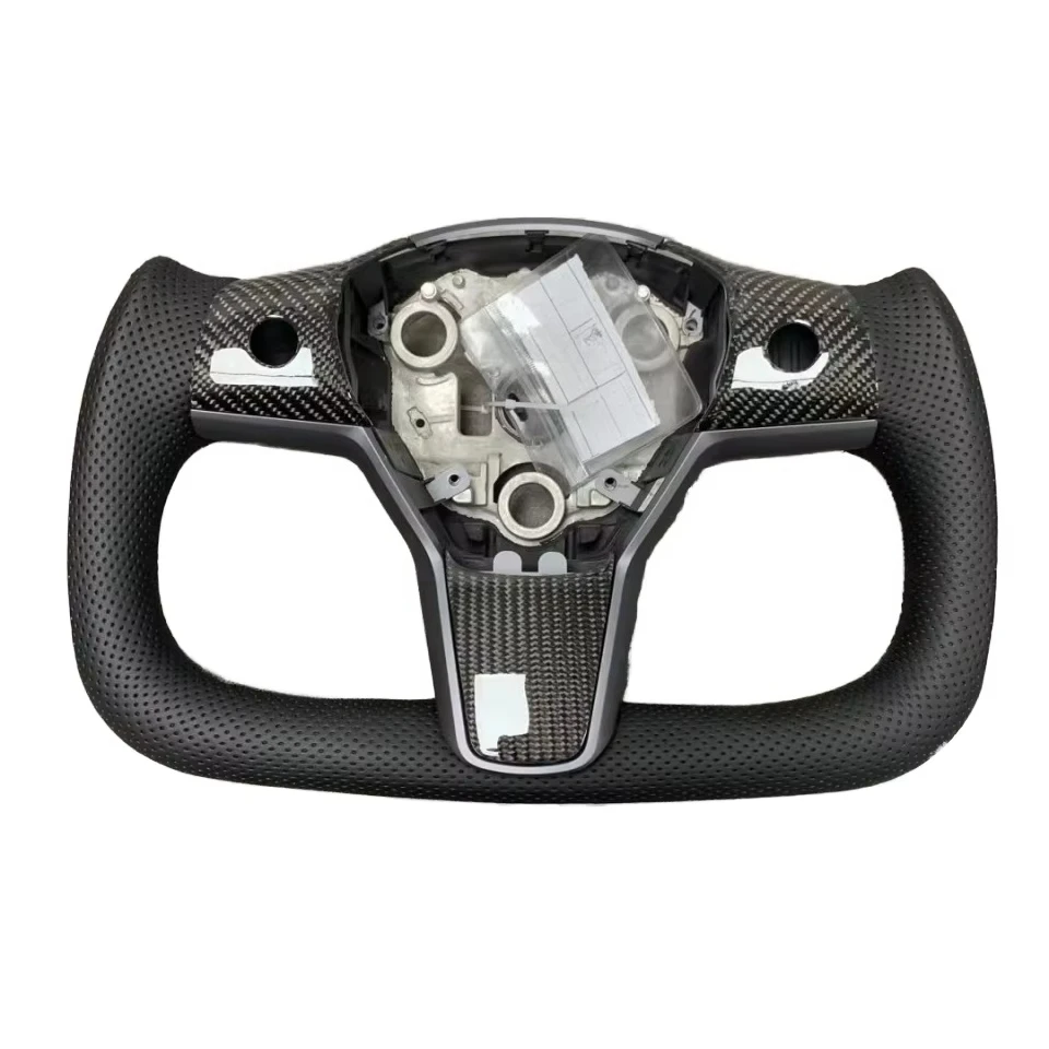 

Custom U-shaped yoke steering wheel with heating function, black leather and carbon fiber sleeve, sporty style