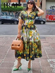 TRAF 2024 Summer Casual Y2K Short Sleeve Green Floral Printed Woman Zipper Shirt Set High Waisted A Line Pleated Skirt Suits