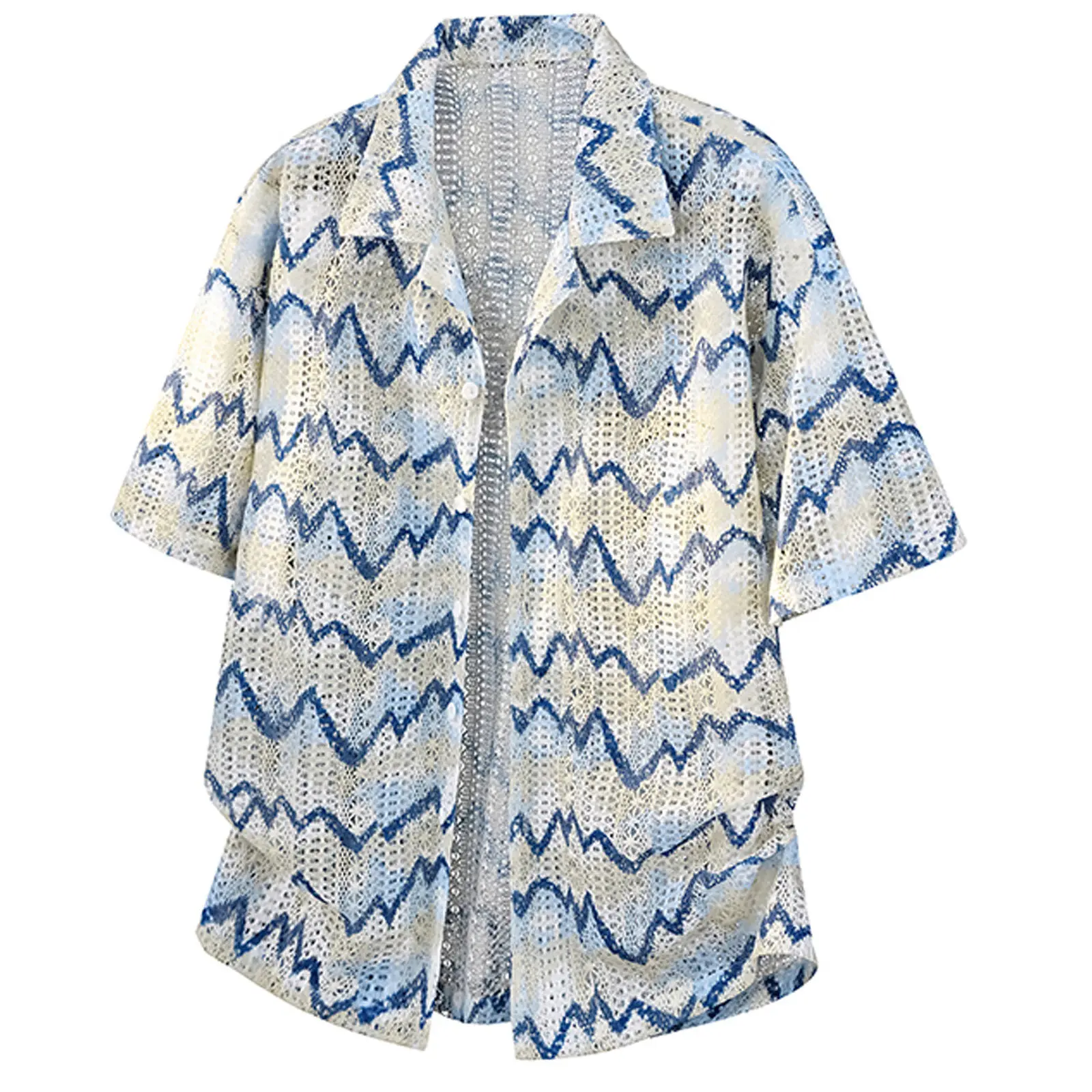 Hawaii Wave Pattern Short Sleeve Men's Shirt Summer Large Size Color Block Cuban Collar Hollow out Breathable Casual Shirt