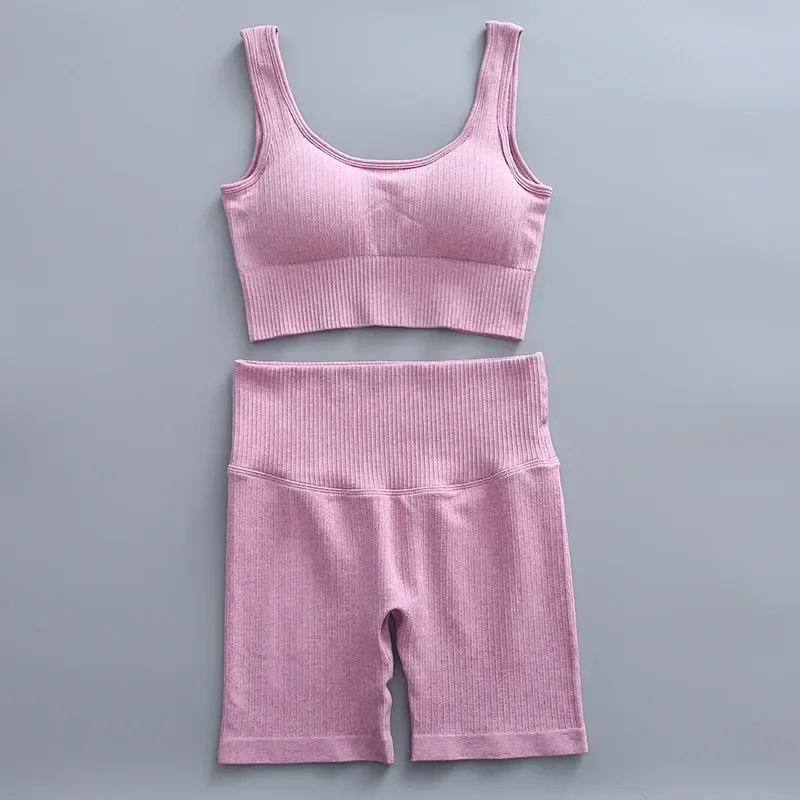 2 Pieces Outfit Set Ribbed Training Set Lady Sportswear Shorts Sports Suit Women's Fitness Clothing Sporty Gym Wear Workout Sets