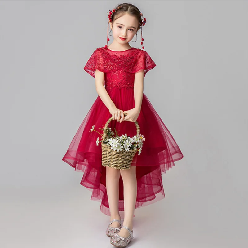 New Children's Wedding Dress Host Performance Birthday Girl Lace Medium Length Dress Princess Fluffy Skirt  Flower Girl Dress