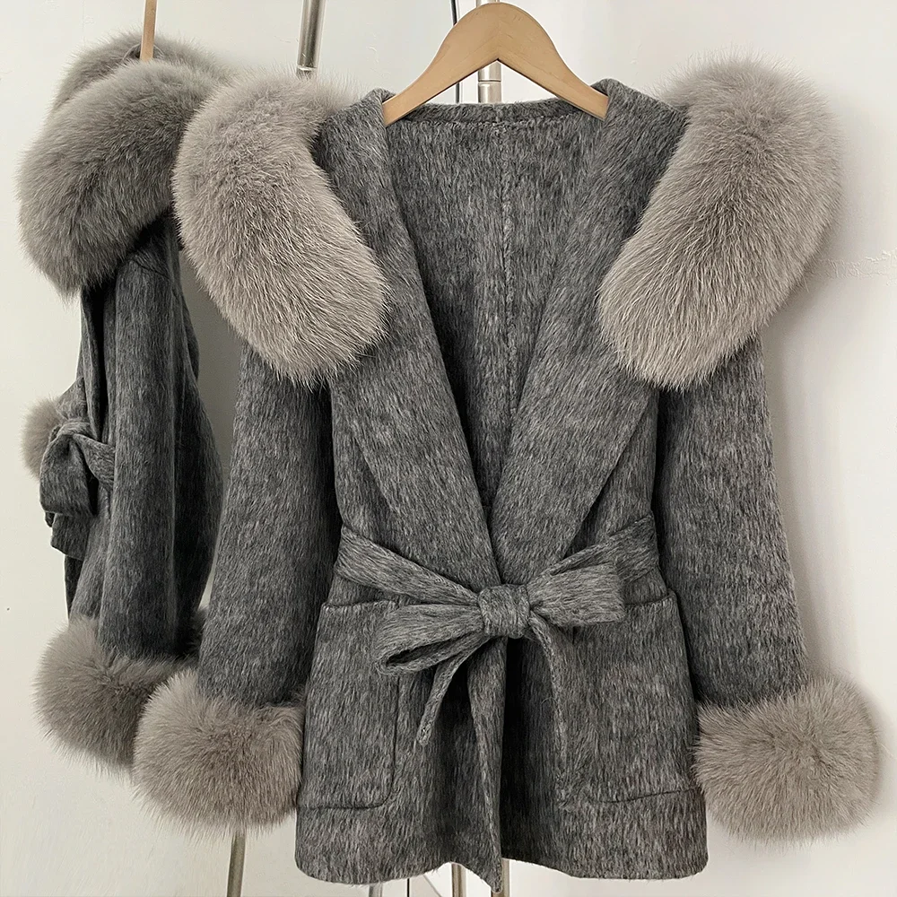 OFTBUY Winter Warmer Dicker Modischer Wollmantel Neuer Eleganter Taillierter Wollmantel für Damen mit Echtem Pelzkragen und Kapuze – Detail 13