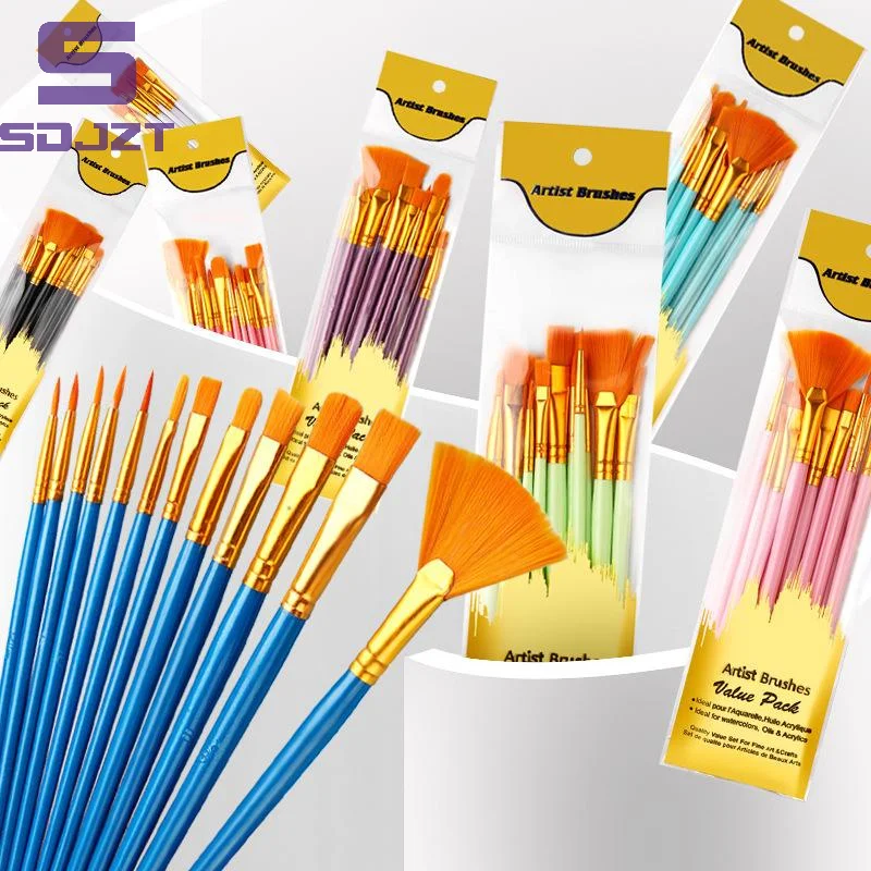 12Pcs Nylon Bristle Paint Brush Set Flat Brushes For Watercolor Oil Acrylic Art Painting Crafts