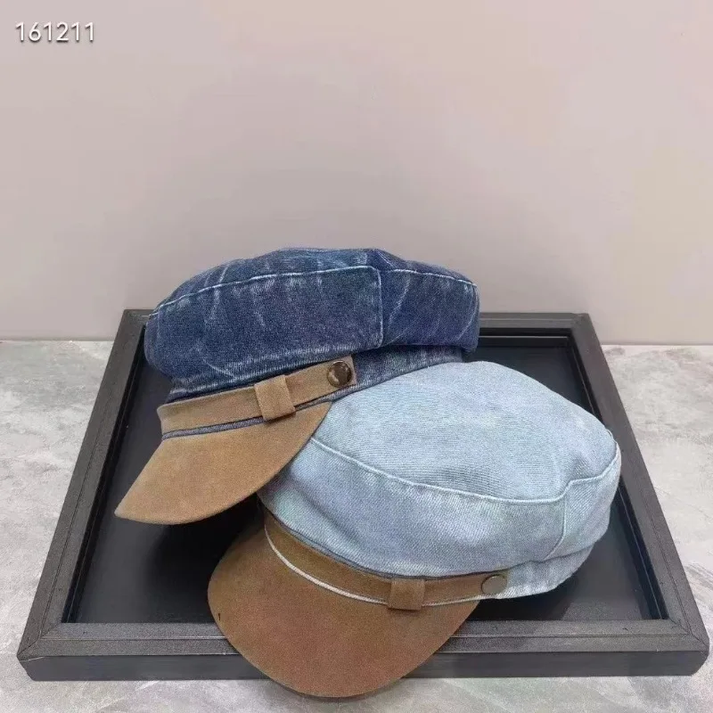 Korean Version Denim Suede Splicing Flat Top Military Hat Women\'s Autumn and Winter Trend British Fashion Sunshade Newsboy Cap