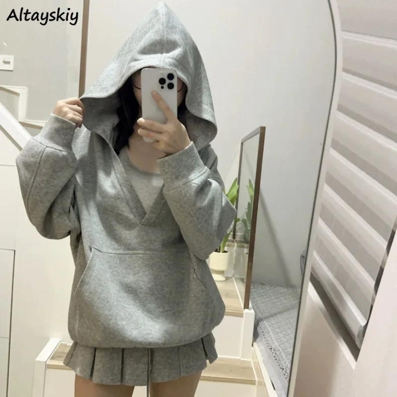 With Hat Hoodies Women Autumn Girls Harajuku Pockets Design Pullover Solid Leisure Daily All-match Chic Retro Streetwear Ulzzang