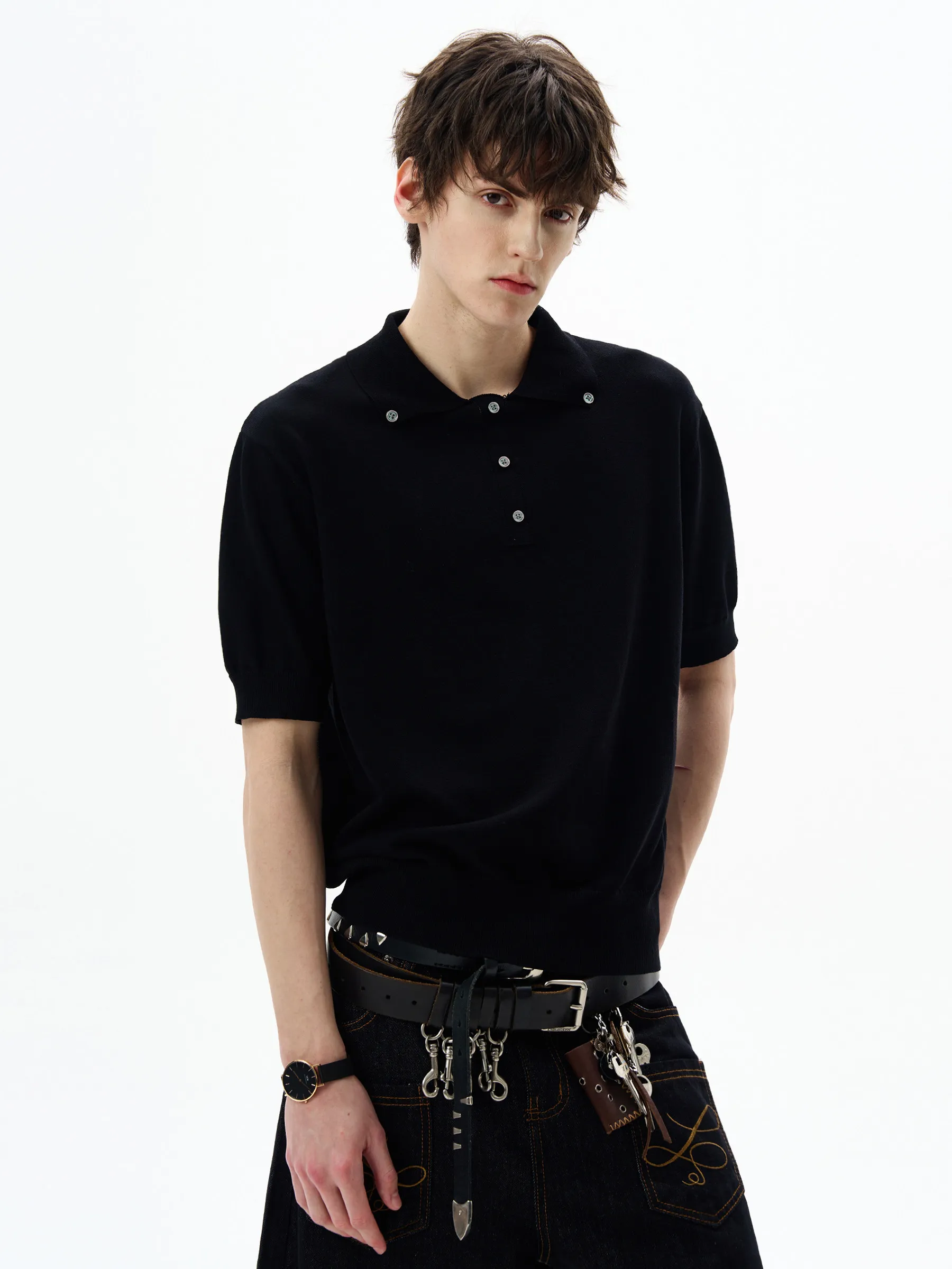 High Street Retro Minimalist Polo Collar Cool Knit Short Sleeved T-shirt Men and Women Loose Casual Couple Tshirts Top