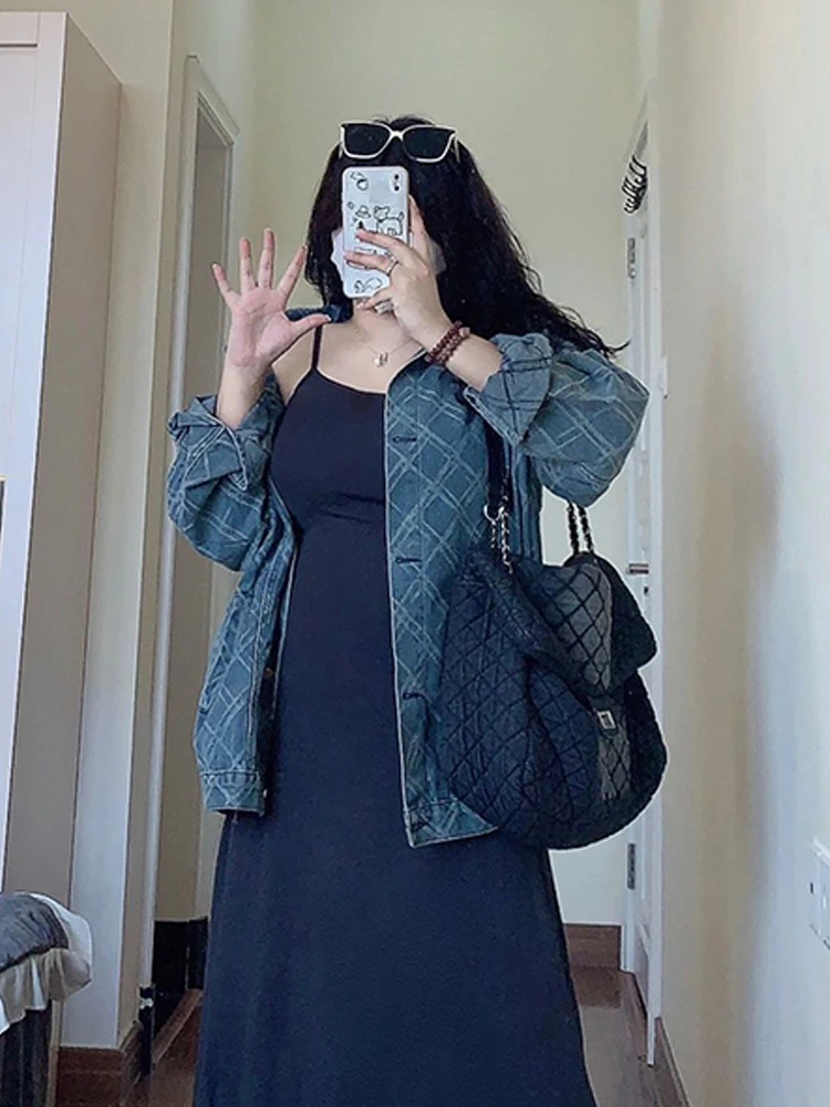 

Весна 2025: Женская джинсовая куртка больших размеров в стиле ретро, корейский свободный крой, скрывающий недостатки фигуры, с длинными рукавами