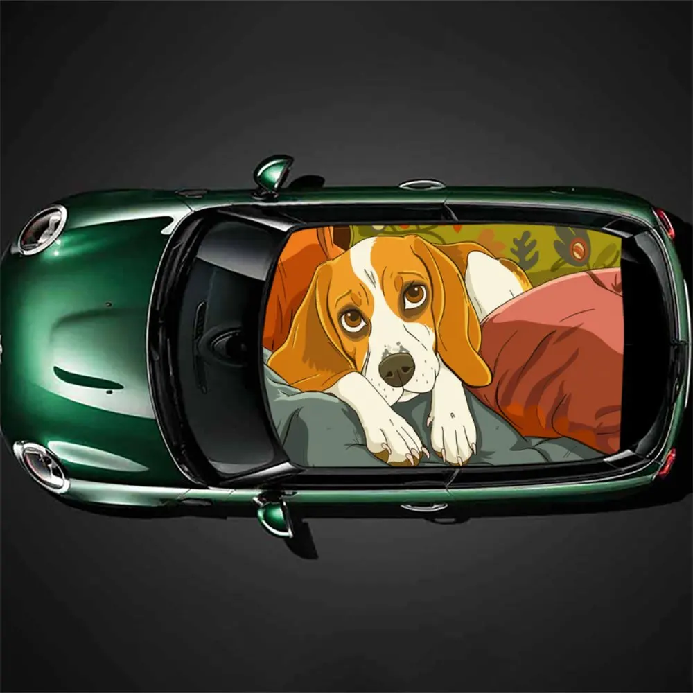 Lying Cartoon Beagle Print Car Roof Sticker Wrap Racing SUV Auto Accessories Packaging PVC Car Hood Graphic Decal Decoration