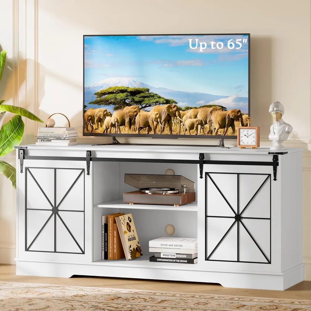 

Mid-Century Modern Farmhouse TV Stand for 55-65 Inch TVs with Sliding Barn Door Storage and Easy Assembly Entertainment Center