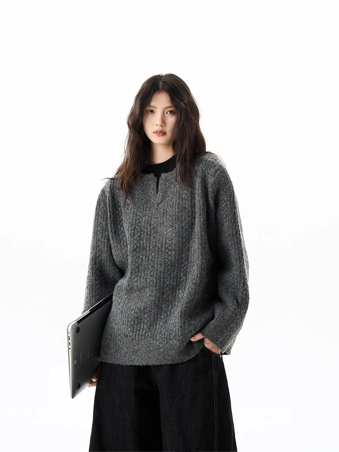 

Мужской вязаный свитер свободного кроя с воротником Генри, в американском ретро-стиле, с узором «косы», высокое качество, длинный рукав, теплый, цветной