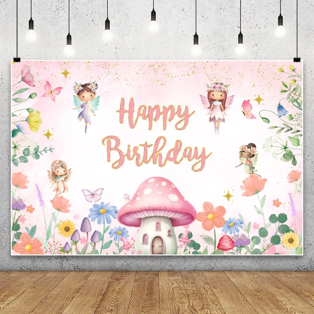 Baby Girls Birthday Mushroom House Background Fairy Tale Elf Butterfly Colorful Flowers 1st Birthday Party Photography Backdrop