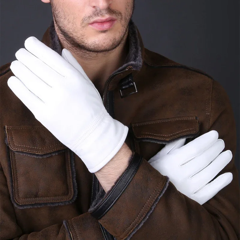 2024 Winter Genuine Leather White Gloves For Men Women Keep Warm Solid Wrist Lambskin Driving Glove