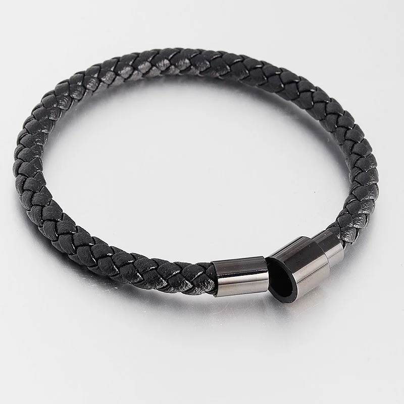 Men's Accessories Cuff Punk Woven Bracelet Black Minimalism Stainlees Steel Genuine Leather Bracelet