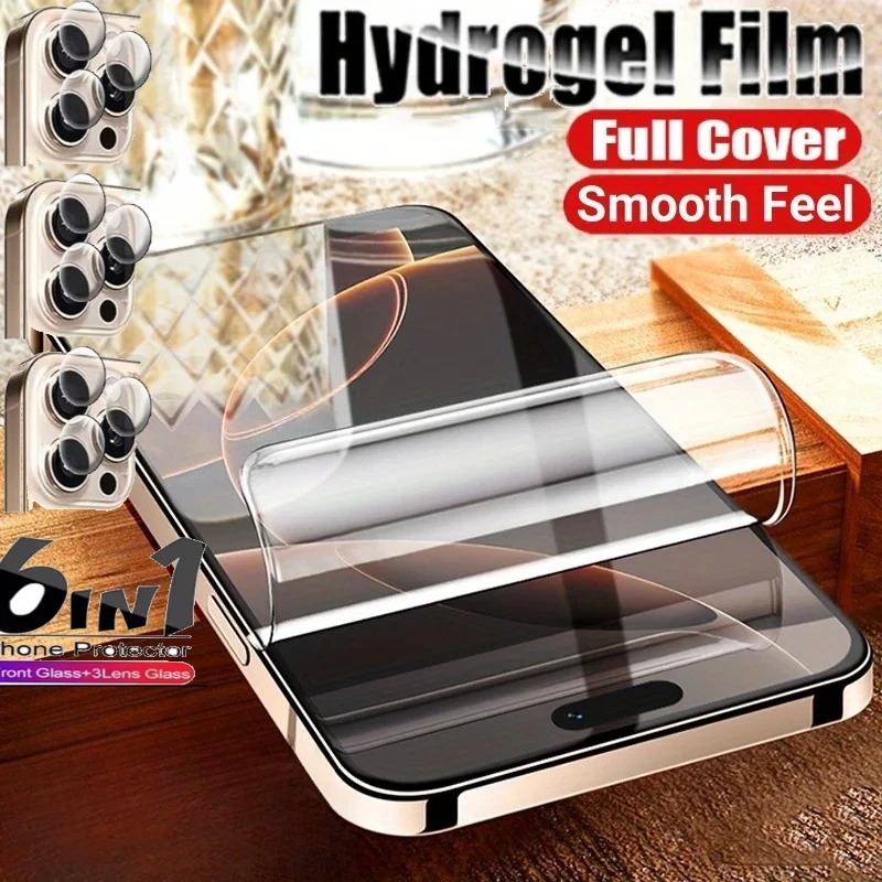 

6in1 High Clear Hydrogel Film Screen Protector for IPhone 17 16 15 Pro Max 12 13Mini 16E 14 15 Hydrogel for IPhone Air Lens Film