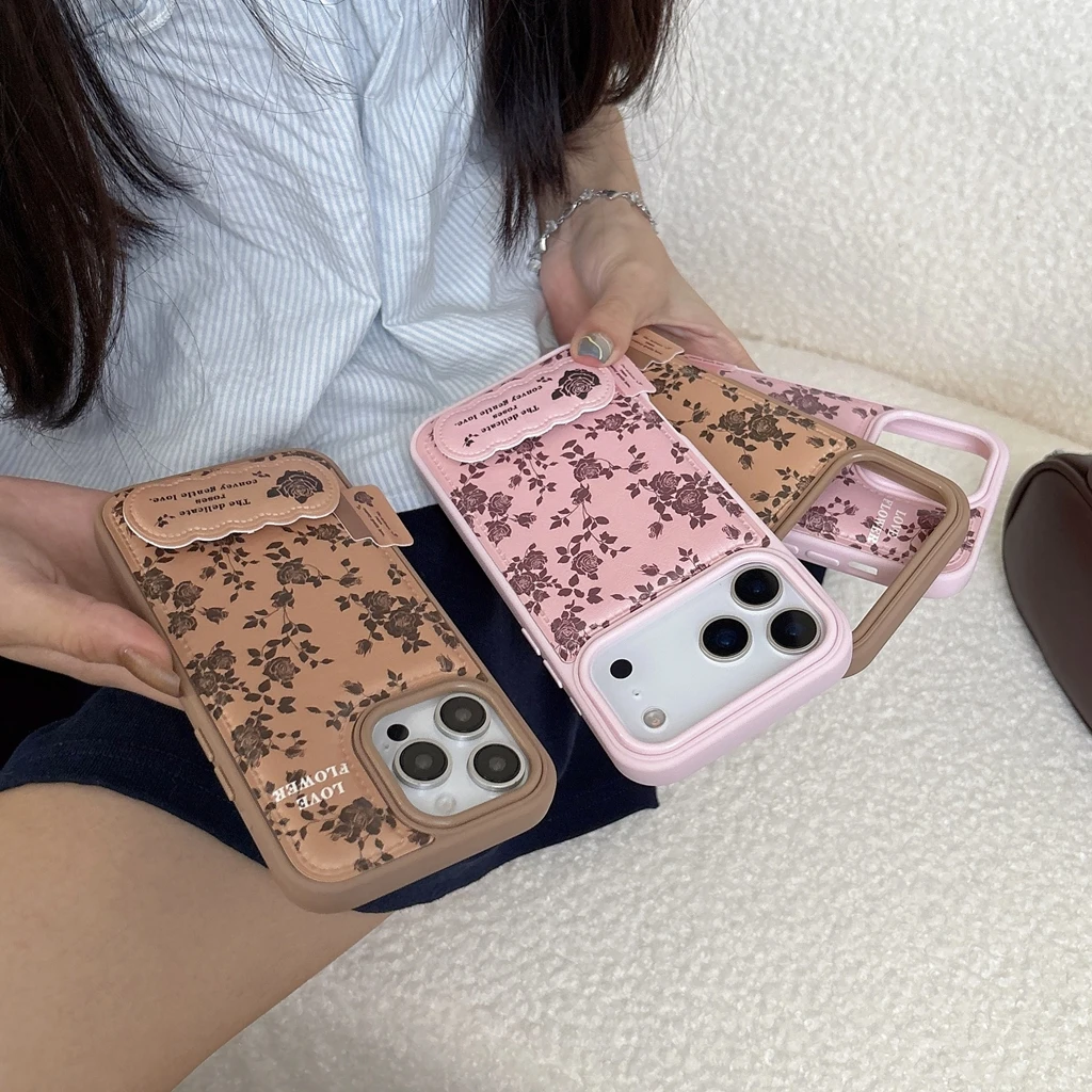เคสโทรศัพท์หนังลายดอกกุหลาบสีชมพูน้ำตาลแบบเต็มจอพร้อมที่จับ สำหรับ iPhone 17 16 15 14 13 Pro Max