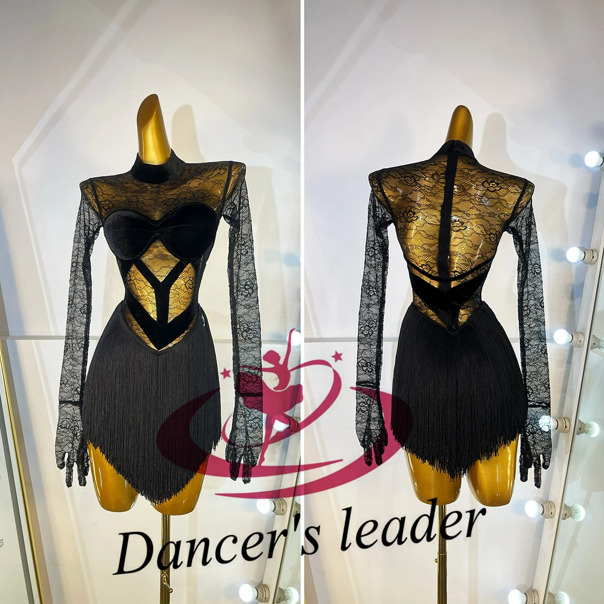 ملابس رقص اللاتينية AB Stone الإناث الكبار الأطفال الراقية مخصص الأسود الدانتيل شبكة شرابة الأسود بركة السامبا أداء اللباس
