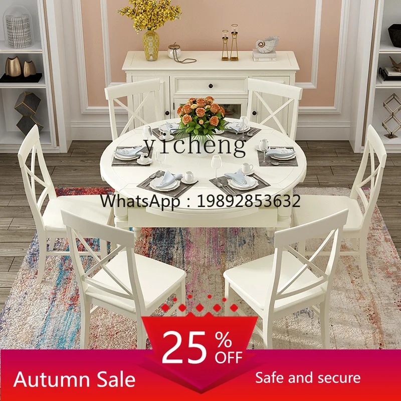 

Solid Wood Dining Tables and Chairs Set Retractable round Table White Rectangular Multifunctional