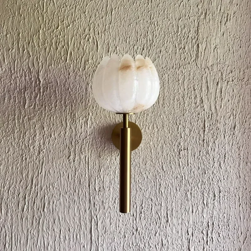 Modern Brass Tulip Wall Lamp Natural Marble Base LED Reading Light for Bedroom Living Room Decor Luxury Wall Mounted Sconce