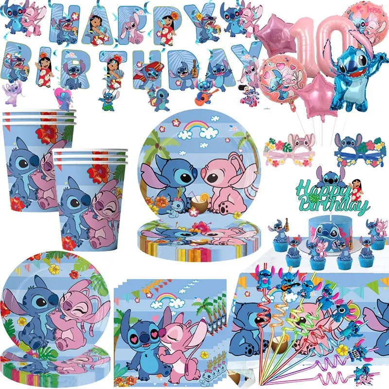 Disney Stitch Birthday Party Decoration Kids Blue Lilo Stitch Theme Tableware Angle Balloon Cups Plates Supplies For Baby Shower