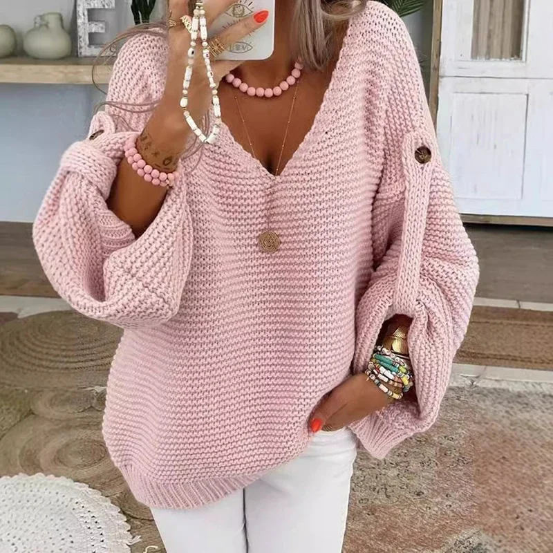 

Lady Casual Knitted V Neck Sweater Fall Winter Fashion Button Warm Commuter Jumper Elegant Solid Adjustable Long Sleeve Pullover