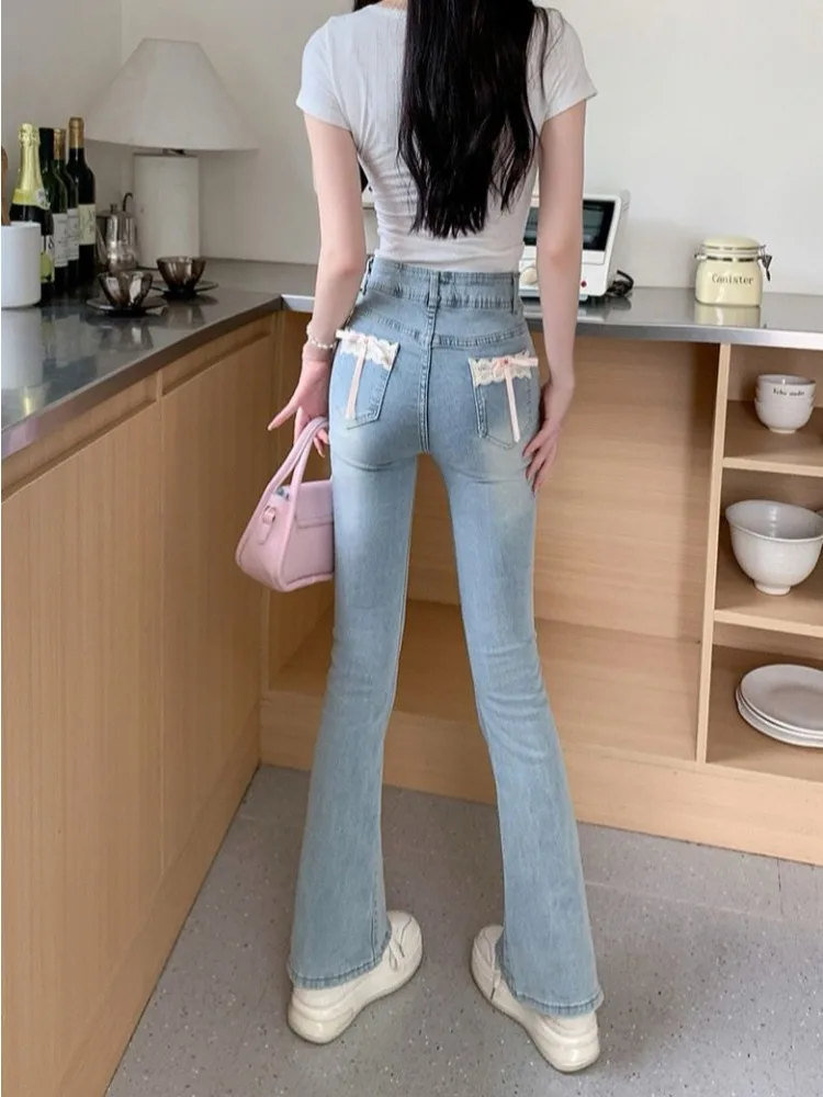 กางเกงยีนส์ผู้หญิงลูกไม้สไตล์อเมริกัน Flare Skinny DENIM เอวสูงฤดูใบไม้ร่วงฤดูหนาวสีฟ้าเรียวความยาวชั้นสไตล์ Girlish หวาน