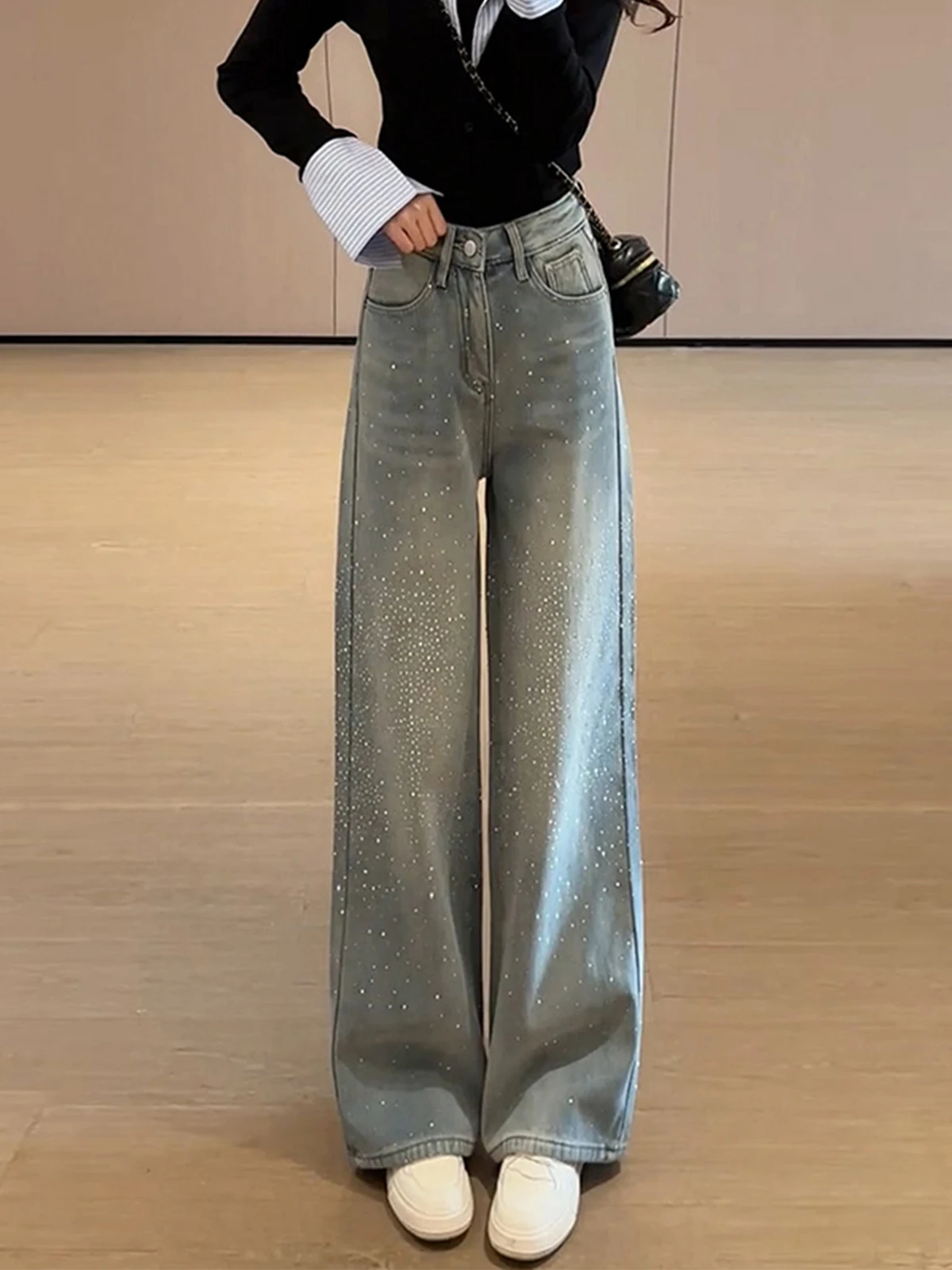 

Retro American High Street Faded Rhinestone Wide Leg Denim Jeans Women's Winter Loose Lazy Feel Fce Long Pants