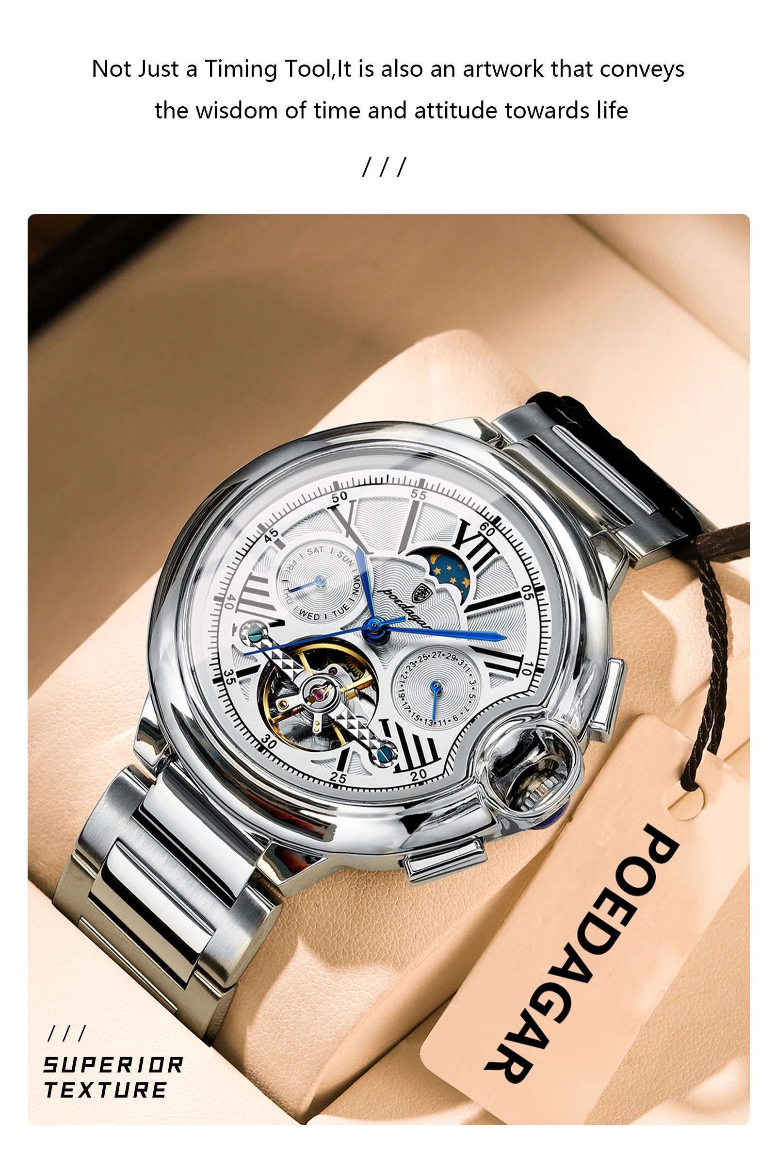 POEDAGAR Luxus Business Männliche Uhr Datum Woche Edelstahl Tourbillon Männer Uhr Wasserdichte Automatische Mechanische herren Uhren – Detail 13