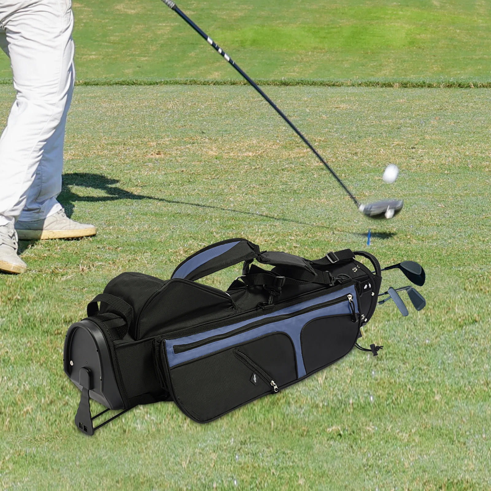 

3 Dividers 5 Pockets Golf Stand Bag - Black+Blue Portable Golf Bag with Shoulder Strap
