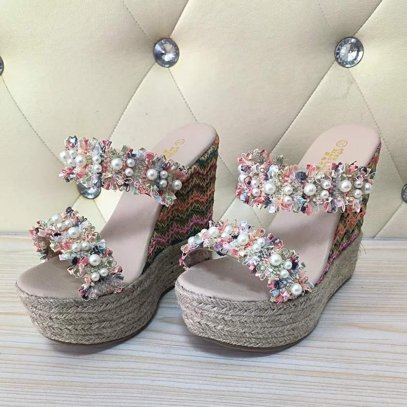 

On A Wedge Slippers Women Summer Slides String Bead Female Shoes Fashion Platform 2025 Luxury Floral Shoes Woman 2025 On A Wedge