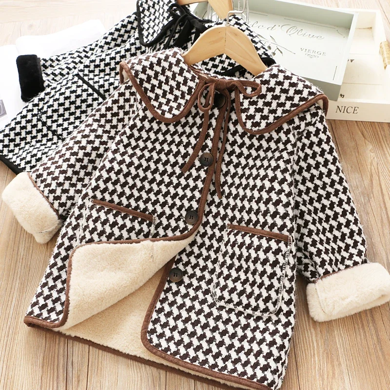 

Kids Girl Overcoat Winter New Fashion Houndstooth Wool Coat for Girls Teens Autumn Jacket Warm Long Outerwear Children Windproof